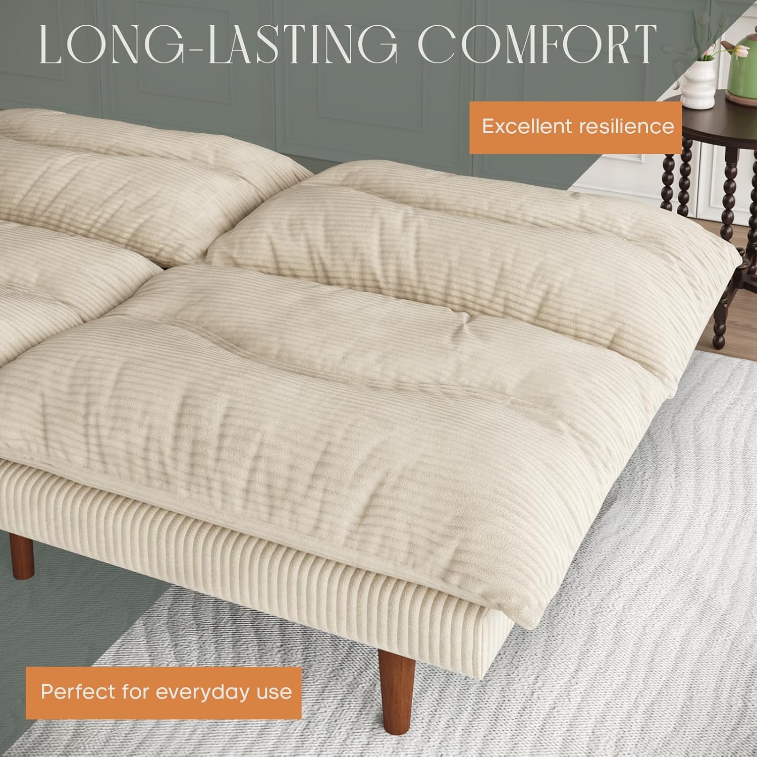 DreamDashio Futon Sofa Bed, 69'' Futon Couch with Adjustable Backrest, Folding Sleeper Recliner, Corduroy Convertible Sleeper Sofa Bed for Apartment, Living Room, Office, Beige