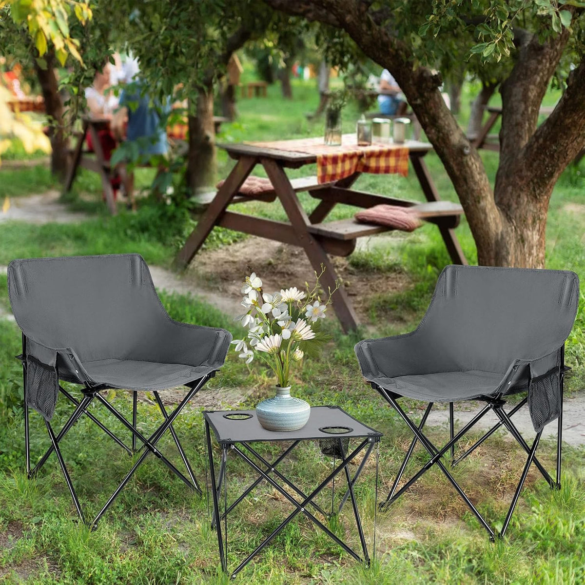Leonyo Camping Chairs for Adults, 2 Pack Folding Lawn Chair & Table, Grey | Oversized & Portable Beach Chair for Outdoor Sports, Fishing, Rv Travel, Picnic