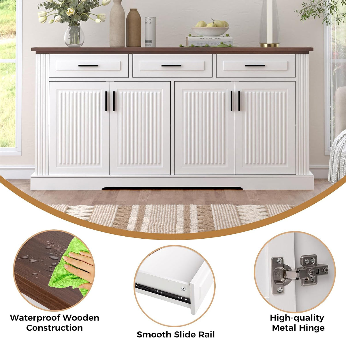 Modern Freestanding Storage Cabinet with Drawers Shelves and Countertop, Buffet Sideboard for Kitchen Living Room Entryway Office Coffee Bar (White-3 Drawer)