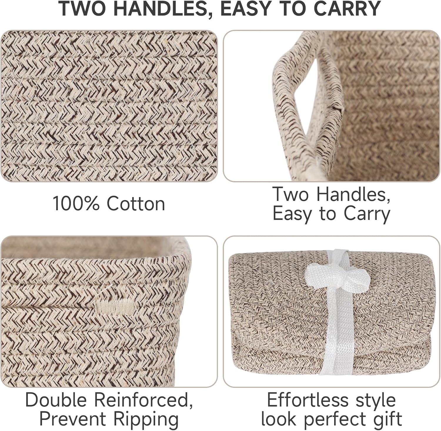 3 Pack Small Storage Baskets for Organizing, 11.8×7.8×5.1", Mixed Brown | Woven Baskets for shelves, Cotton Rope Basket for Gifts Empty, Closet Organizer Bins with Handles, Cube Decorative Box