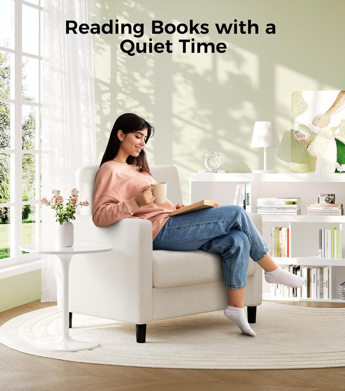 Welzona Sofa Accent Chair, 33" Reading Chair, Comfy Teddy Arm Chairs | Comfy Teddy Fabric, Tool-free Setup, Washable Covers, All-wood Couch Chairs for Living Room, Bedroom, Reading Nook, Beige