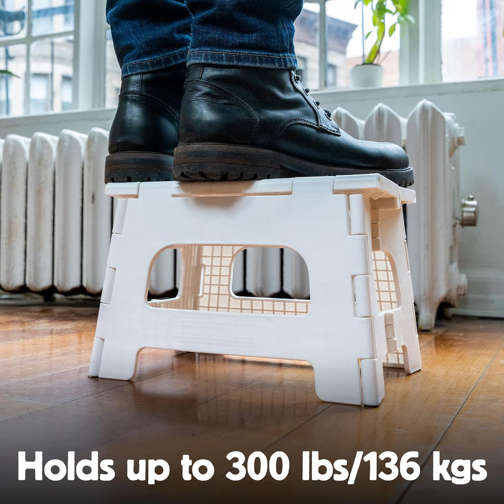 Kikkerland Rhino Foldable Step Stool – Holds Adults up to 300 Lbs, Best for Kitchen & Bathroom – Collapsible, Portable, Lightweight Stepping Stool with Sturdy, Non-Slip Design – White, 8”