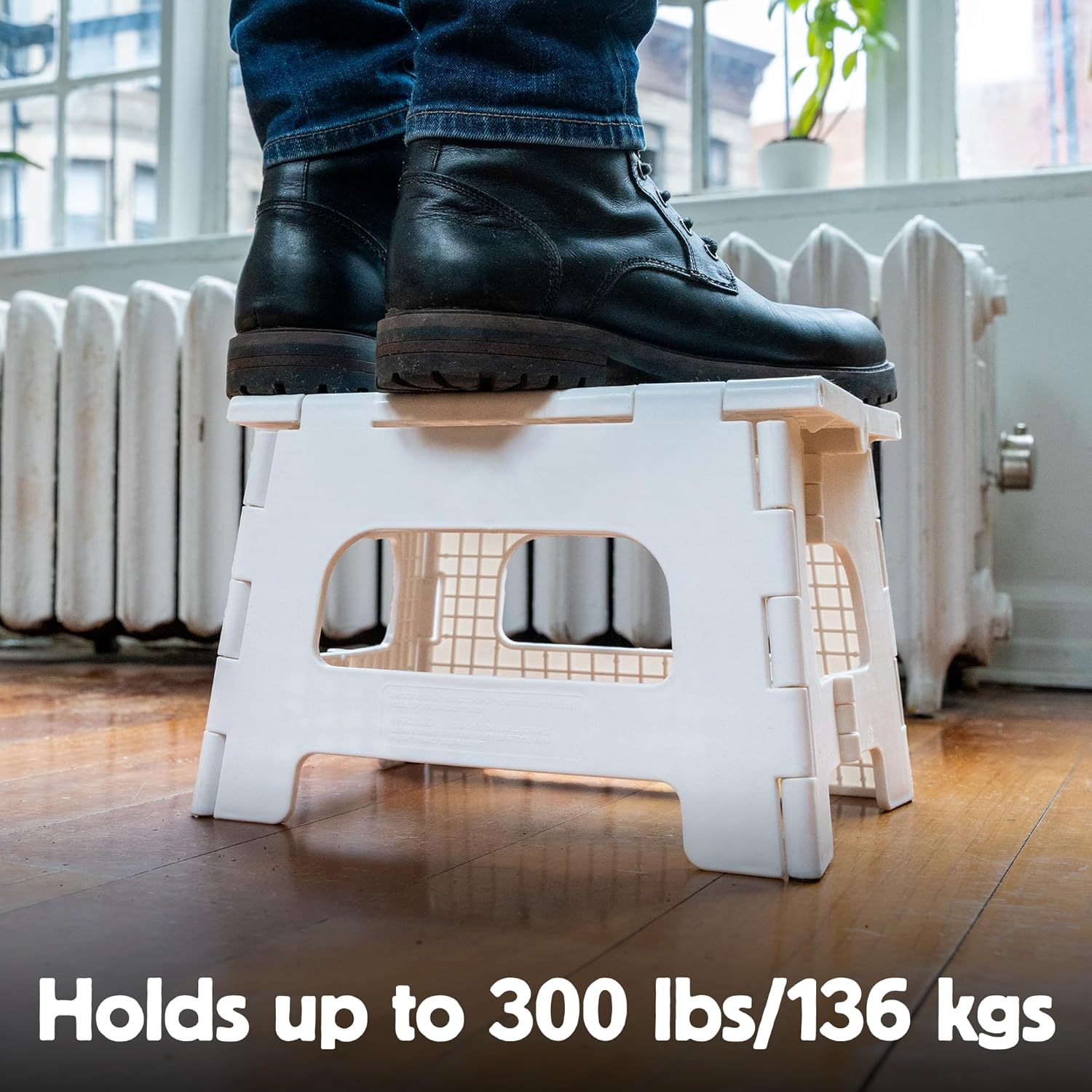 Kikkerland Rhino Foldable Step Stool – Holds Adults up to 300 Lbs, Best for Kitchen & Bathroom – Collapsible, Portable, Lightweight Stepping Stool with Sturdy, Non-Slip Design – White, 8”