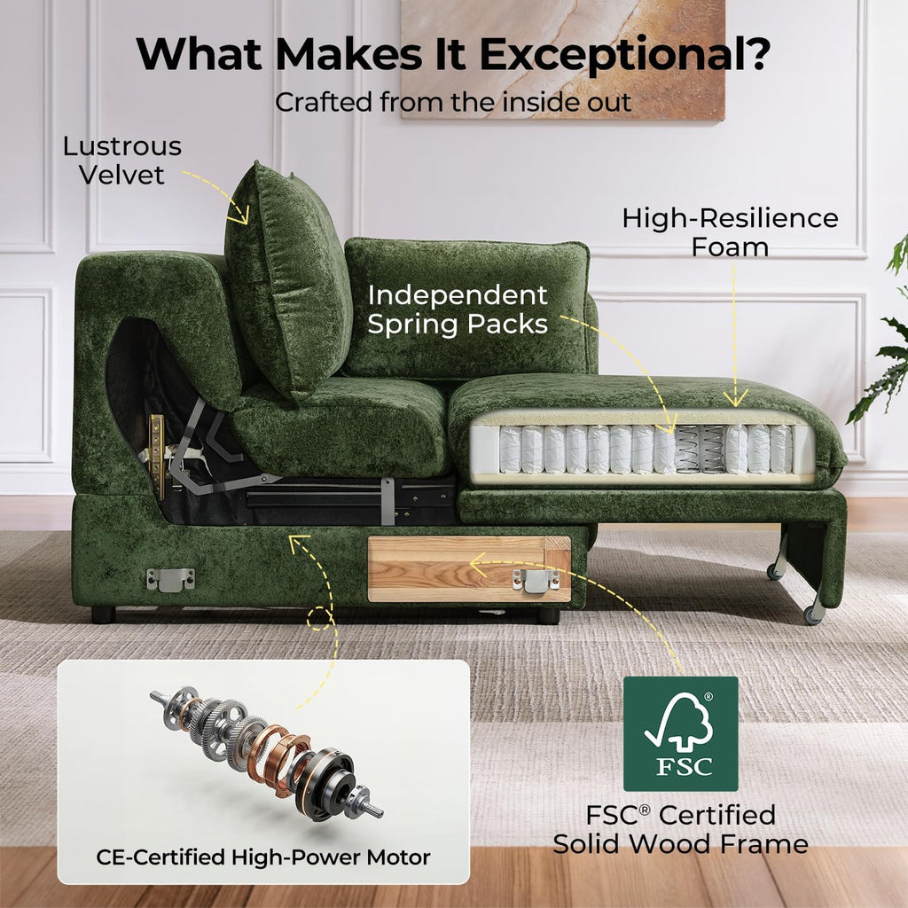 103" Electric Pull Out Sleeper Sofa Bed, 2in1 Power Extendable Couch Bed | Velvet Green, Fast Charging USB Port, 3 Smart Motor, Wide Backrest, Oversized Convertible Couches for Living Room Small Space