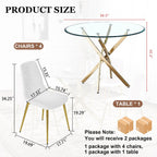 Glass Dining Table Set for 4 with Chairs, Modern 5 Piece Dining Room Set with 36" Round Tempered Glass Table & 4 Velvet Chairs for Kitchen, Apartment, Home (Gold+White)