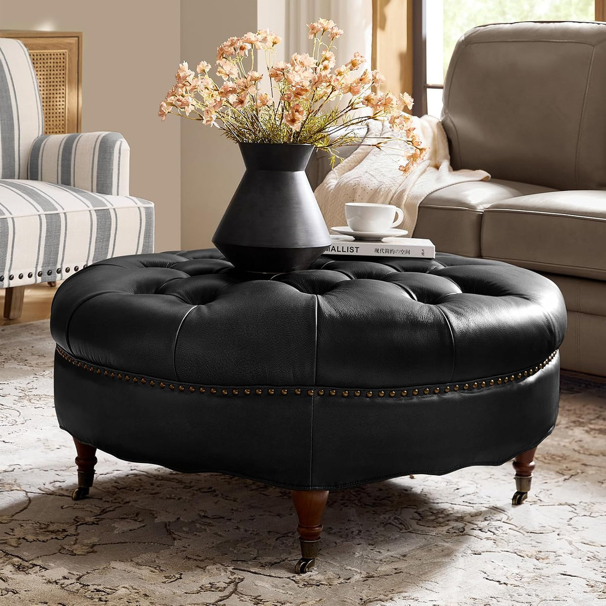 HULALA HOME 40" Genuine Leather Coffee Table, Large Round Button Tufted Coffee Table with Rolling Wheels, Solid Wood Legs, Nailhead Trim, Upholstered Ottoman Seating for Living Room, Black