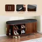 DHH 2-Tier Storage Bench,Wide Shoe Bench with Thickened Padded Seat Cushion, Mid Century Modern Fluted Sliding Door and Adjustable Shelf, for Entryway, Living Room, Bedroom (Walnut, 43.3“)