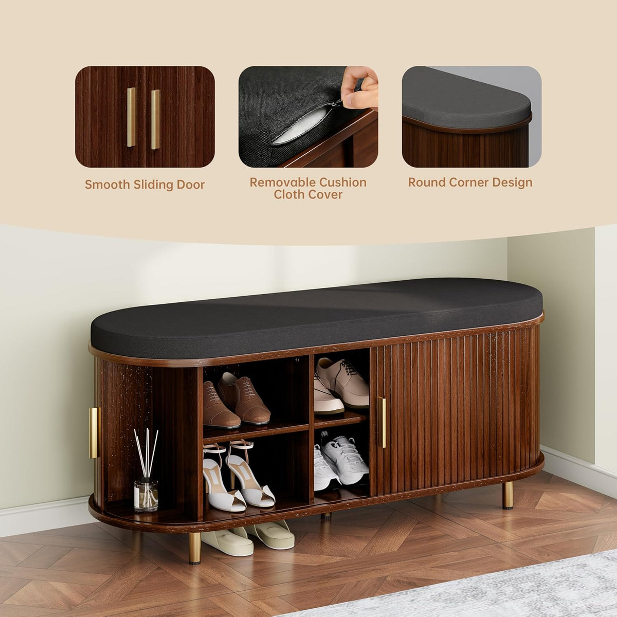 DHH 2-Tier Storage Bench,Wide Shoe Bench with Thickened Padded Seat Cushion, Mid Century Modern Fluted Sliding Door and Adjustable Shelf, for Entryway, Living Room, Bedroom (Walnut, 43.3“)
