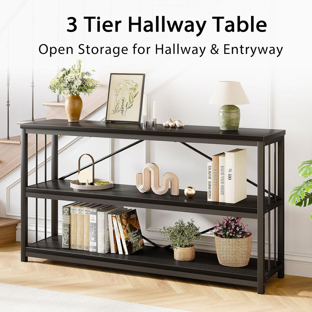 LVB Black Console Table, Modern Entryway Table, Black Oak, 55 in | Industrial Sofa Tables Behind Couch for Hallway Living Room, Farmhouse Wooden Metal Tables with 3-Tier Storage Shelves