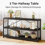 LVB Black Console Table, Modern Entryway Table, Black Oak, 55 in | Industrial Sofa Tables Behind Couch for Hallway Living Room, Farmhouse Wooden Metal Tables with 3-Tier Storage Shelves