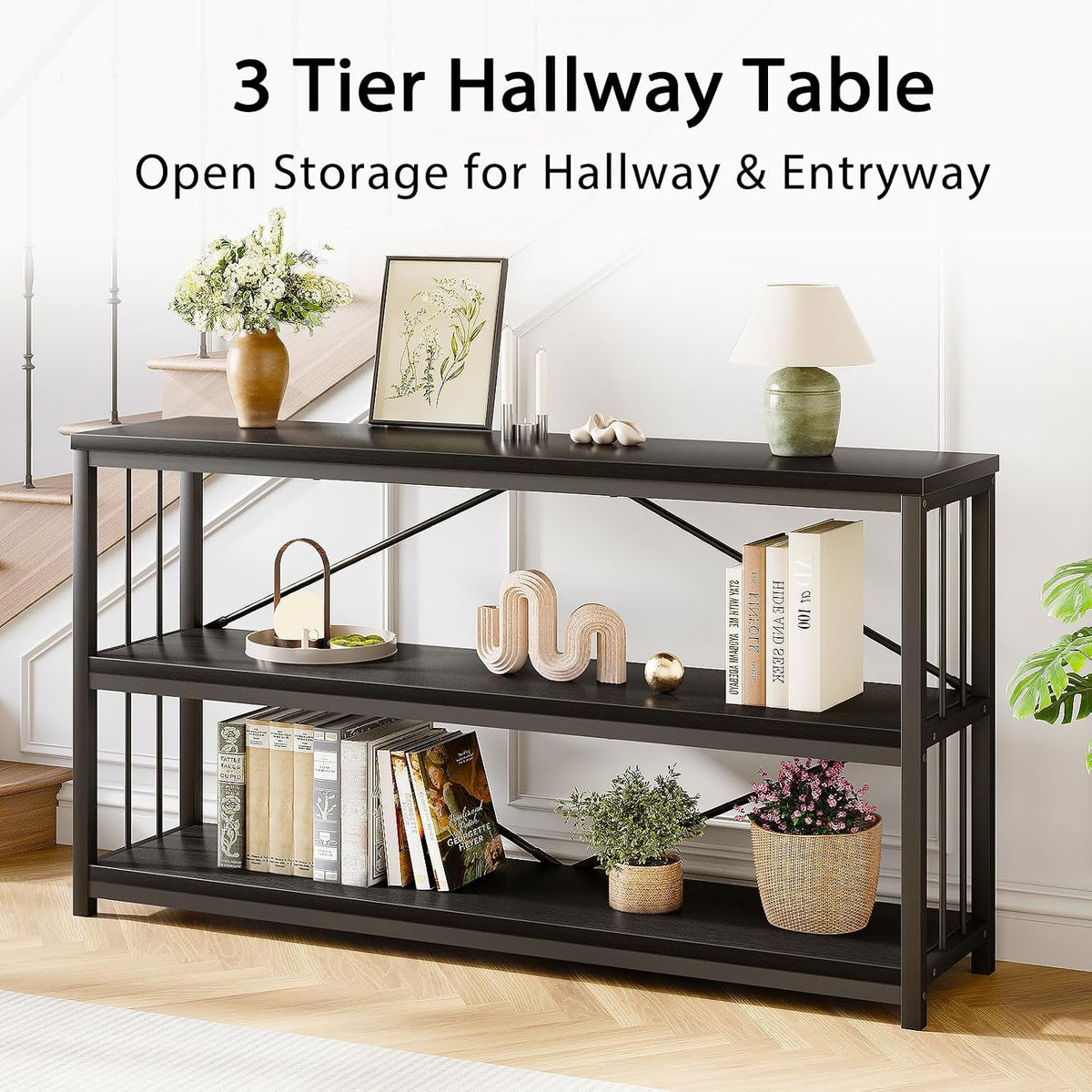 LVB Black Console Table, Modern Entryway Table, Black Oak, 55 in | Industrial Sofa Tables Behind Couch for Hallway Living Room, Farmhouse Wooden Metal Tables with 3-Tier Storage Shelves