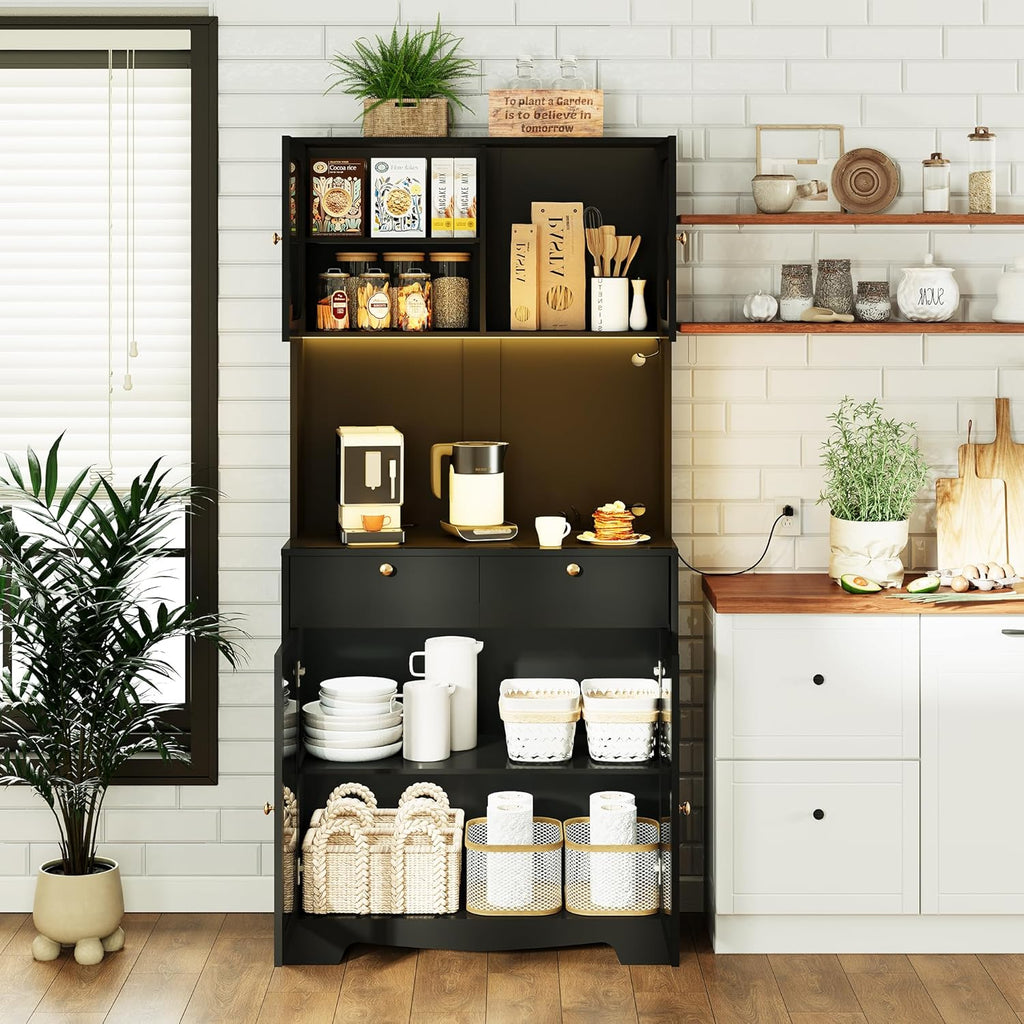 72" Black Kitchen Pantry Cabinet with Lights and Charging Station, Tall Hutch Storage Cabinet Coffee Bar Cabinet with Microwave Shelf for Dining Room