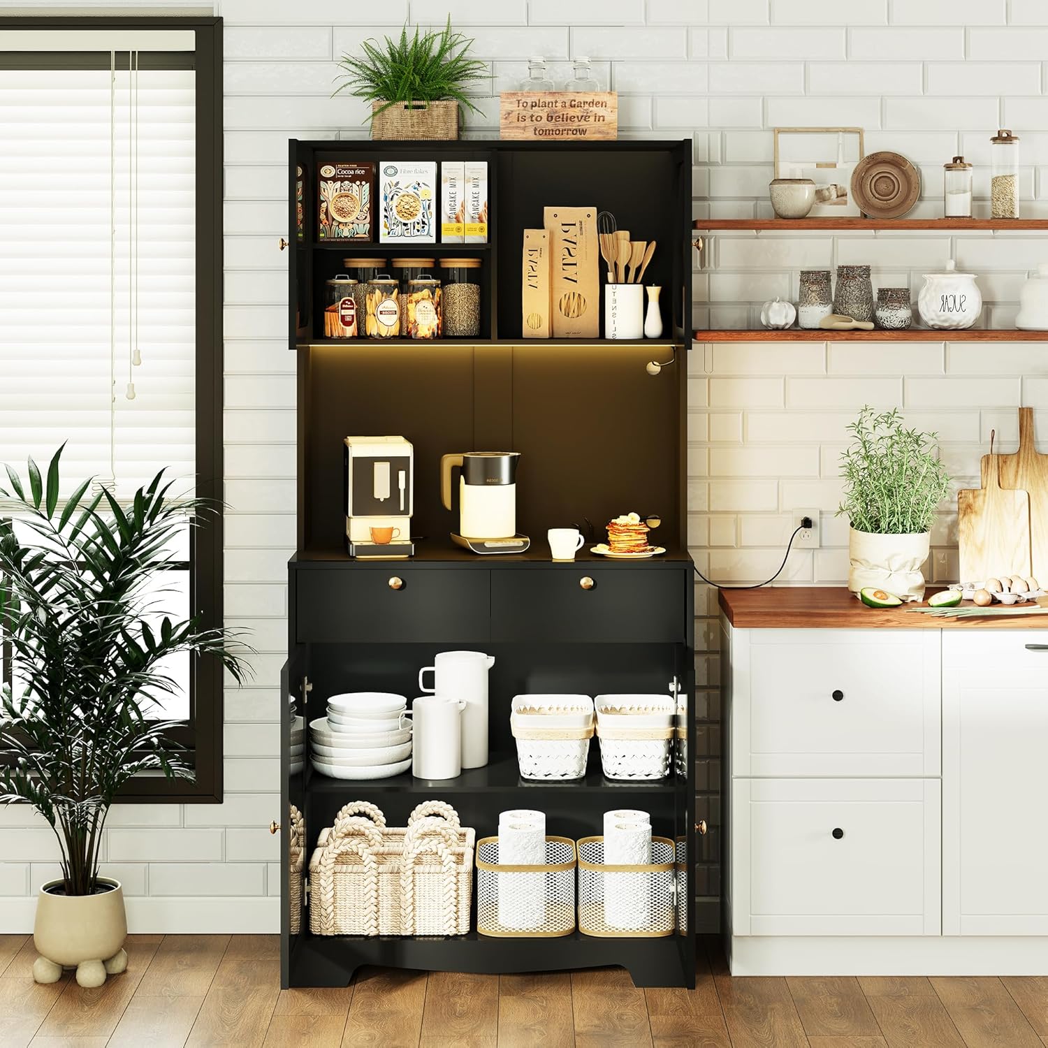 72" Black Kitchen Pantry Cabinet with Lights and Charging Station, Tall Hutch Storage Cabinet Coffee Bar Cabinet with Microwave Shelf for Dining Room