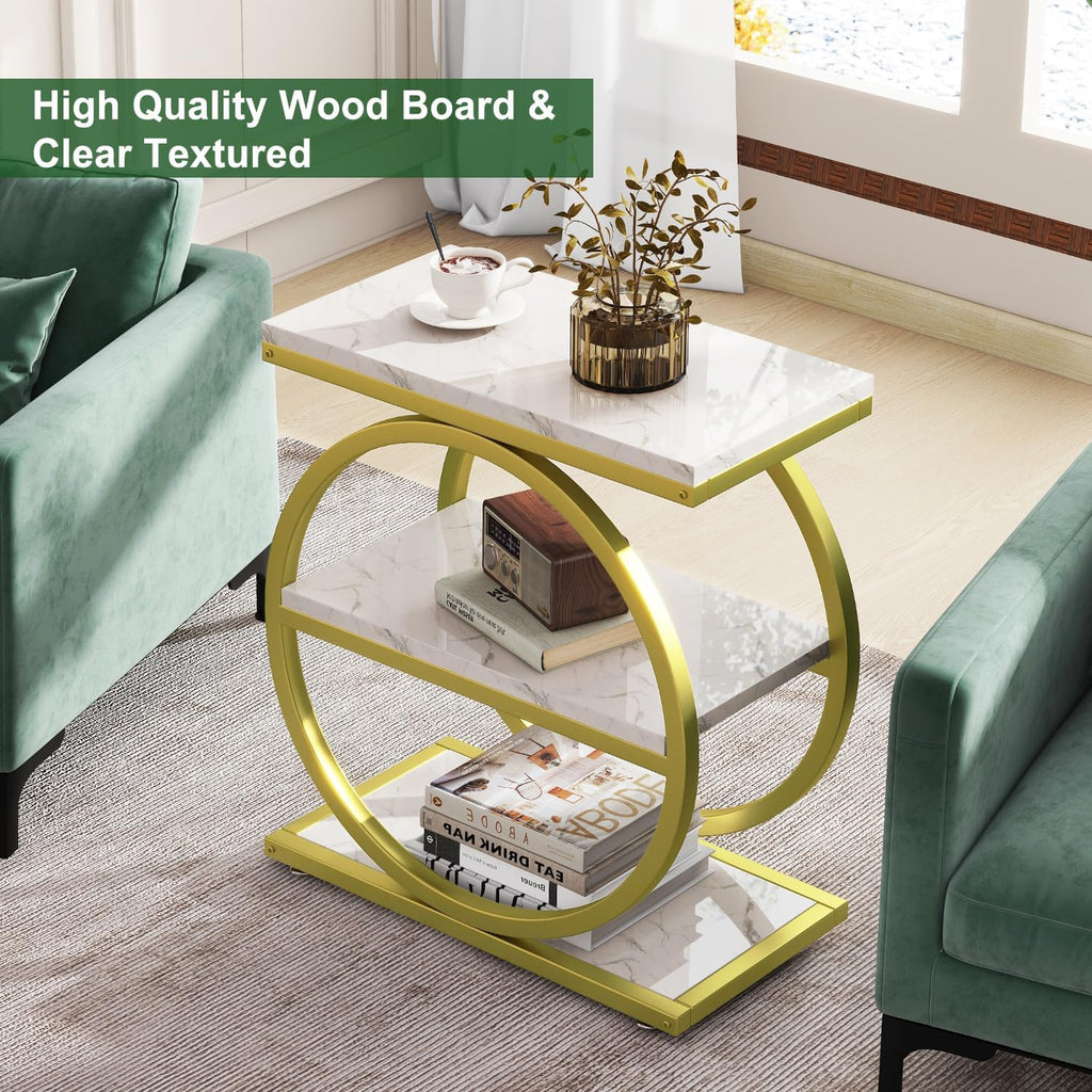 IBUYKE Narrow End Table with 3 Storage Shelves, Industrial Sofa Side Table, Double Round Metal Frames, Slim Nightstand and Bedside Table for Bedroom, Living Room, White with Gold UTMJ418G