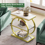 IBUYKE Narrow End Table with 3 Storage Shelves, Industrial Sofa Side Table, Double Round Metal Frames, Slim Nightstand and Bedside Table for Bedroom, Living Room, White with Gold UTMJ418G