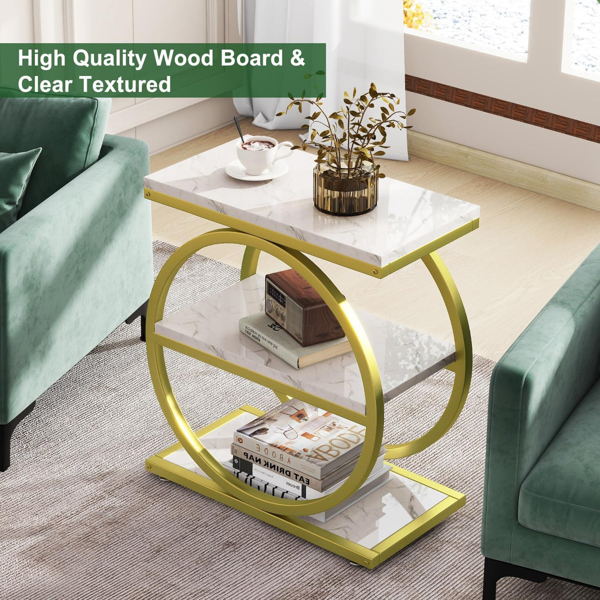 IBUYKE Narrow End Table with 3 Storage Shelves, Industrial Sofa Side Table, Double Round Metal Frames, Slim Nightstand and Bedside Table for Bedroom, Living Room, White with Gold UTMJ418G