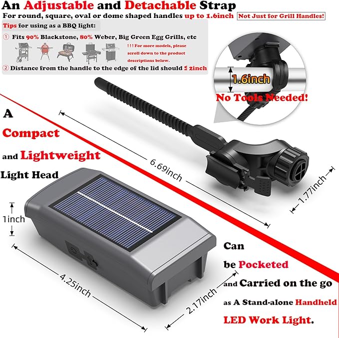 Solar/USB-C Rechargeable Grill Light for Blackstone Weber Grills, LED Work Light Tool Gifts for Men Him Dad, 360° Rotation Auto On/Off Heat-Resistant Grill Lights for Outdoor Grill BBQ Accessories