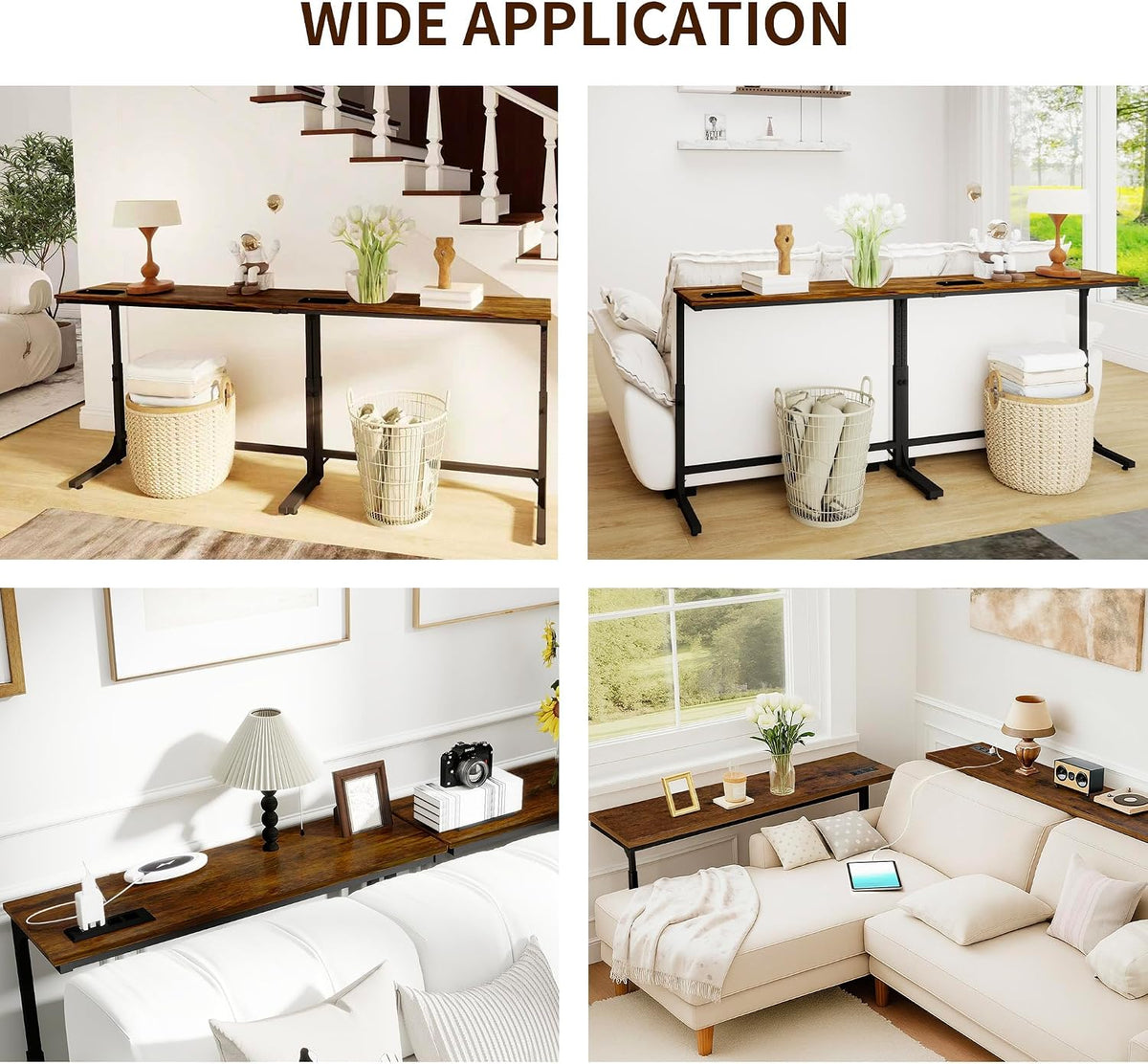2 Pack 11.8" Wide Behind Couch Table with Charging Station | 11.8"Wx78.8"L Sofa Table, Long Narrow Console Table with Adjustable Height (25"-33"), USB-C & Outlets, Living Room, Entryway