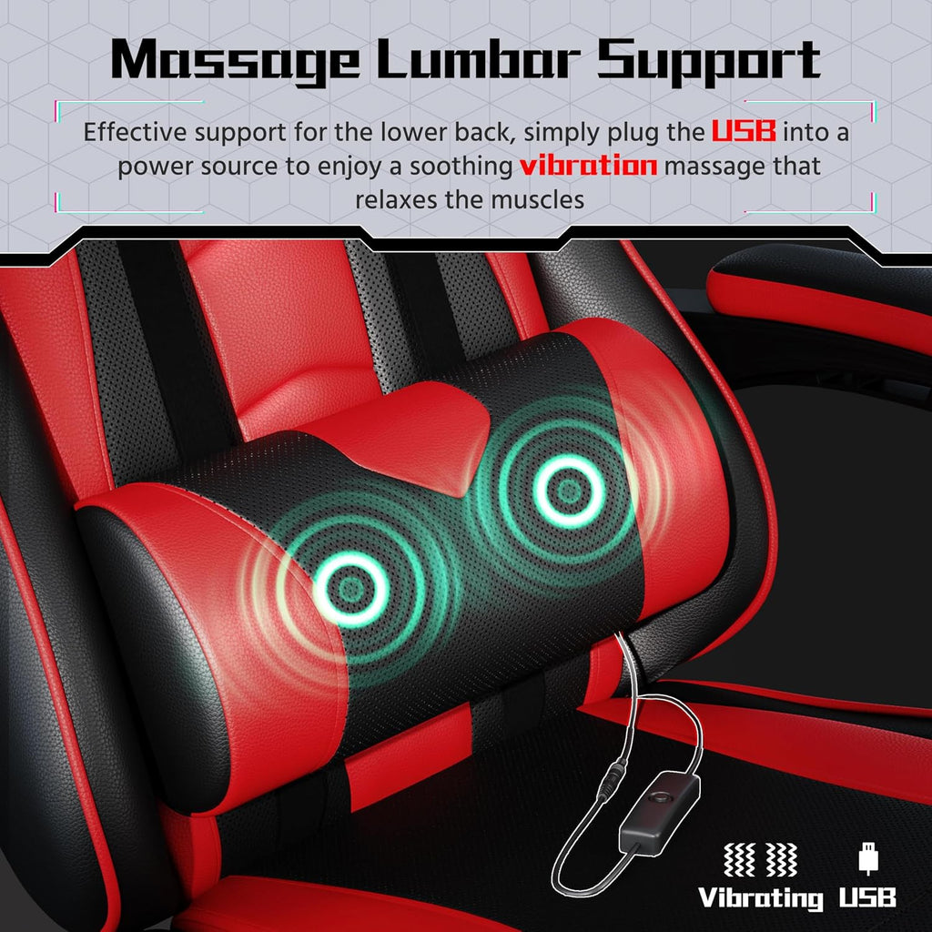 Yaheetech Gaming Chair with Massage Lumbar Pillow High Back Reclining Red | PU leather racing seat with thick foam padding, massaging lumbar cushion, headrest, and steady recline for all-day comfort.