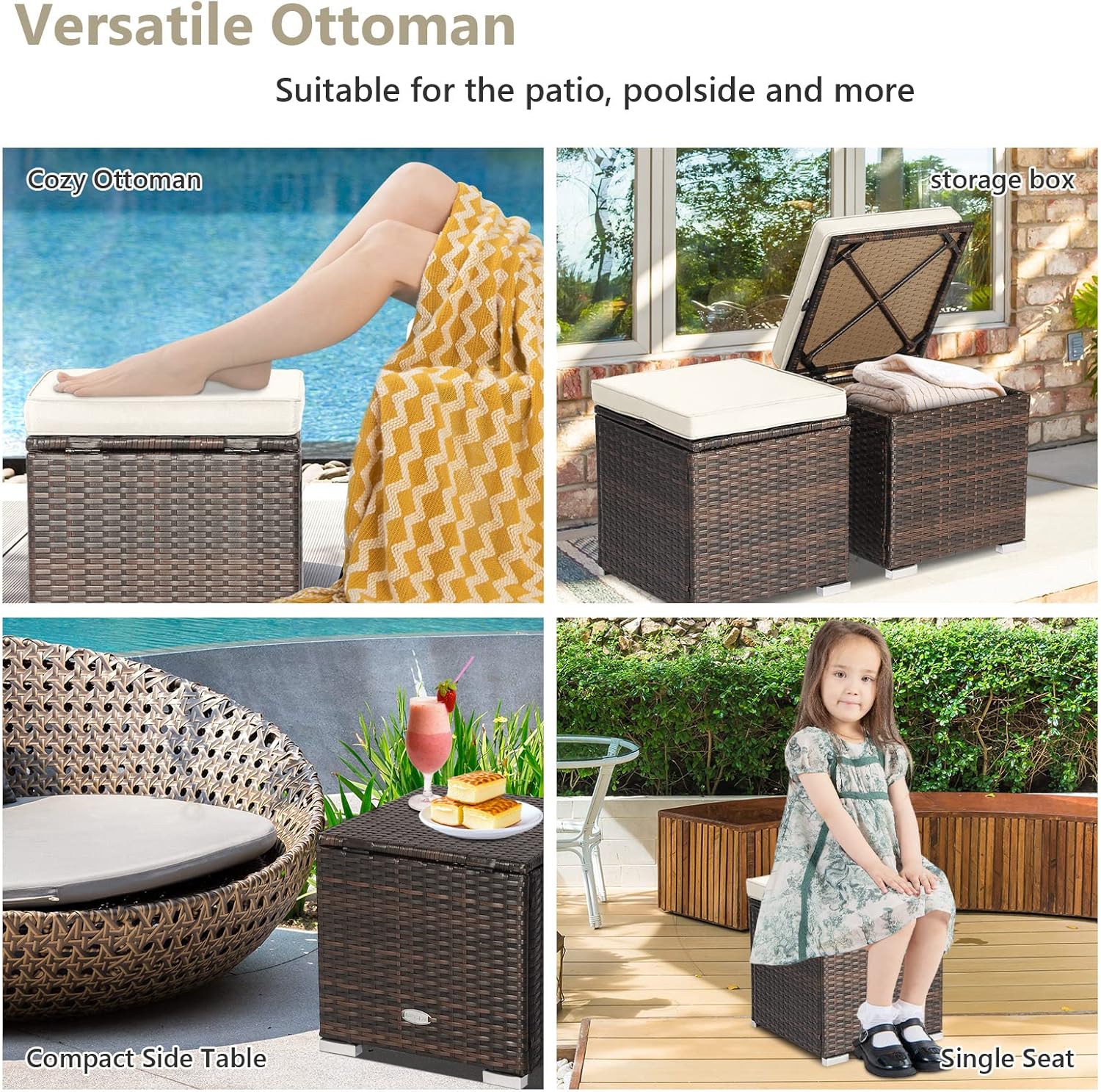 ORALNER 16" Outdoor Ottoman, Set of 2 Wicker Ottoman with Storage, All-Weather Rattan Cube Footstool w/Removable Cushions, Square Foot Rest Seating for Patio, Porch, Deck, Easy Assembly (Cream)