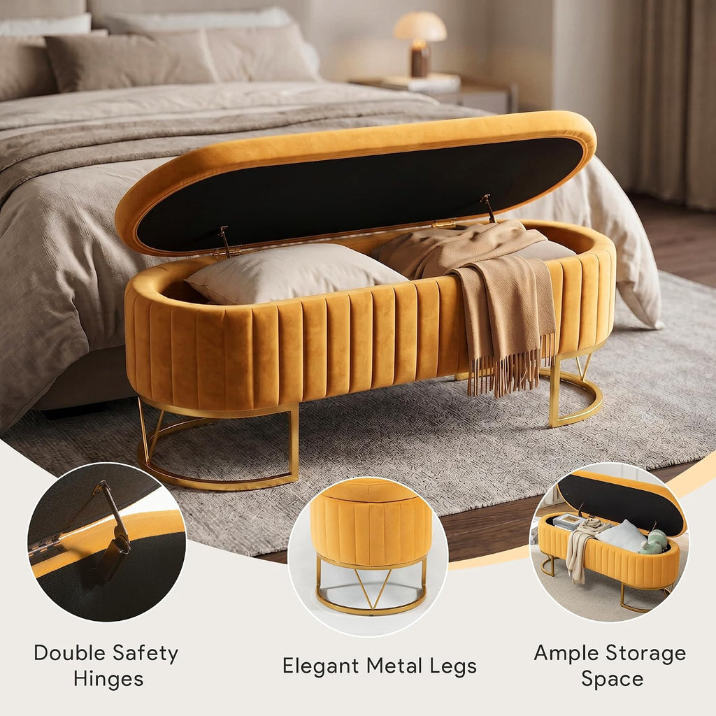 Storage Bench Bedroom Bench, Velvet Oval Upholstered End of Bed Bench with Golden Metal Legs, 46” Modern Storage Ottoman Bench for Bedroom, Living Room, Entryway, Window, Mustard
