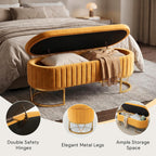 Storage Bench Bedroom Bench, Velvet Oval Upholstered End of Bed Bench with Golden Metal Legs, 46” Modern Storage Ottoman Bench for Bedroom, Living Room, Entryway, Window, Mustard