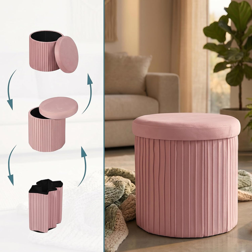 Relaxdays Velvet Stool with Storage Space Padded Foldable H 38 x D 38 cm Round Side Stool Pink