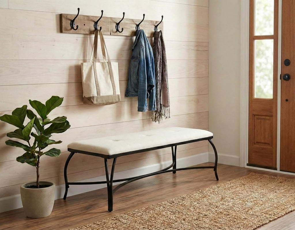 Mango Steam Vienna White Bench - Entryway Bench - Powder Coated, Upholstered, Space Saving