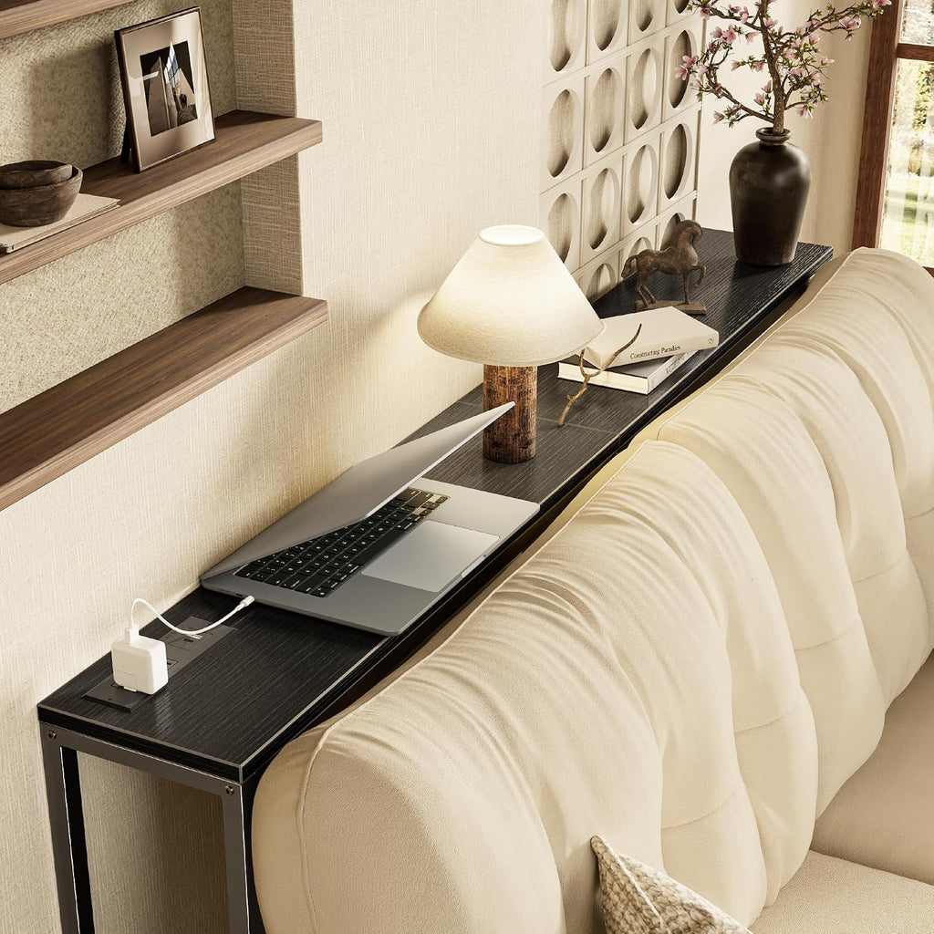 SUPERJARE Console Table with Outlet, 63 Inch Sofa Table with Charging Station, Narrow Entryway Table, Skinny Hallway Table, Behind Couch Table, for Living Room, Plants, Black