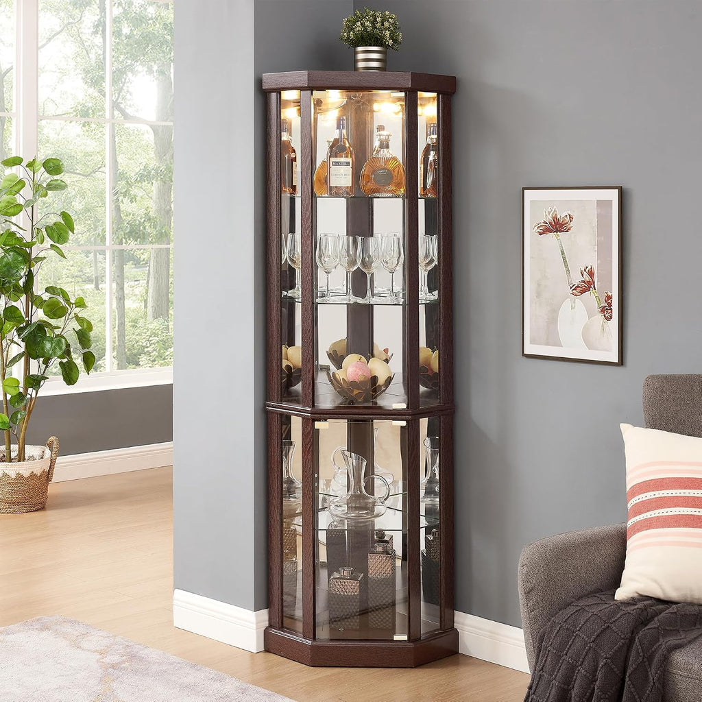 69" H Lighted Corner Curio Cabinet Display Case With Adjustable Shelves, Tempered Glass, Mirrored Back Panel for Living Room (Dark Cherry)