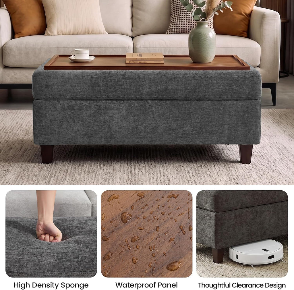 GENTEACO 45" Storage Ottoman Bench with Reversible Wooden Tray Top, Large Chenille Upholstered Ottoman Coffee Table with Hidden Storage, Foot Rest Bench for Living Room, Bedroom, Entryway,Dark Gray