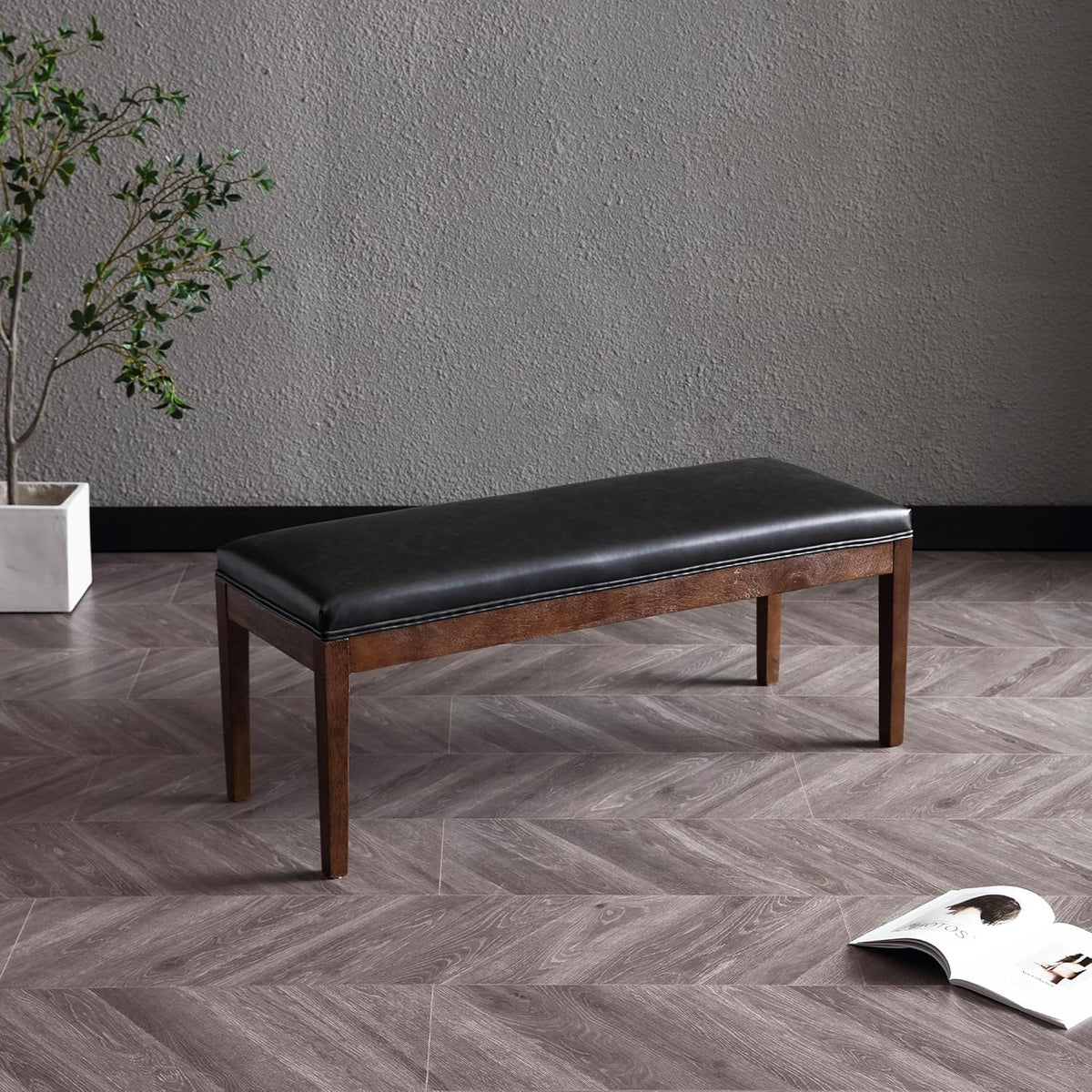 LZAREAL Upholstered Entryway Bench Modern Shoe Benches for Hallway Porch Bedroom Bench for End of Bed Dining Bench for Dining Table Dining Room Kitchen Window with Wood Legs, PU Leather, Black