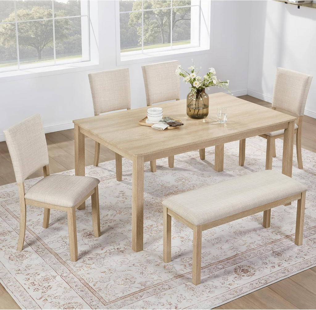 VilroCaz Farmhouse 6 Piece Dining Table Set, Wooden Rectangular Kitchen Table Set with 4 Upholstered Chairs and Bench for Living Room, Kitchen, Dining Room