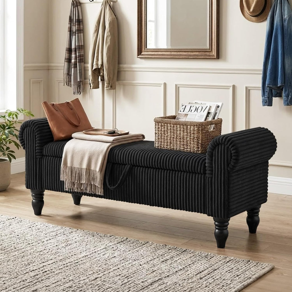 55" Storage Ottoman Bench, Corduroy End of Bed Bench for Bedroom, Black | Upholstered Entryway Bench with Seating, Solid Wood Legs, Rolled Arm, for Bedroom Living Room Window Hallway, up to 285 lbs