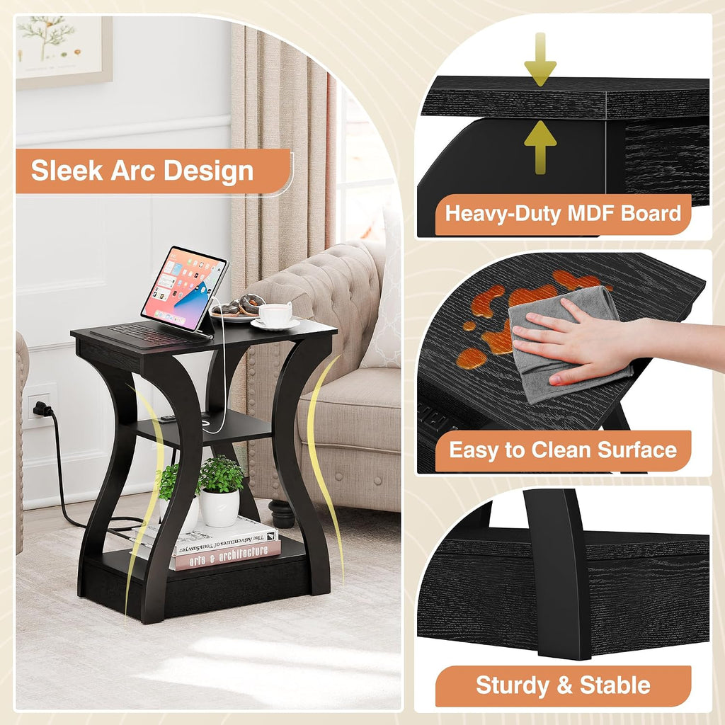 SUPER DEAL End Table Set of 2, Curved Frame Nightstand, Narrow Side Table with Charging Station for Living Room, Bedroom, Small Spaces, 2 USB and 2 Power Outlets, 19.6" W x 11.8" D x 23.4" H, Black