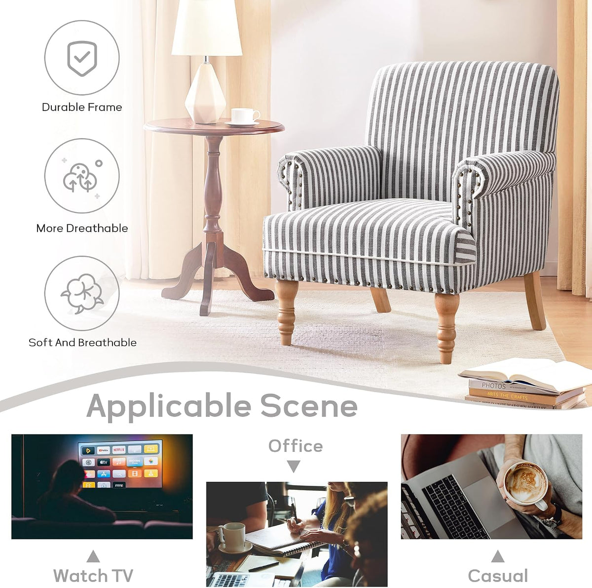 HUIMO Linen Fabric Accent Chair, Mid-Century Modern Upholstered Armchair with Solid Wood Legs, Comfy Reading Club Chair for Living Room Bedroom (1, Dark Grey and White Stripe)