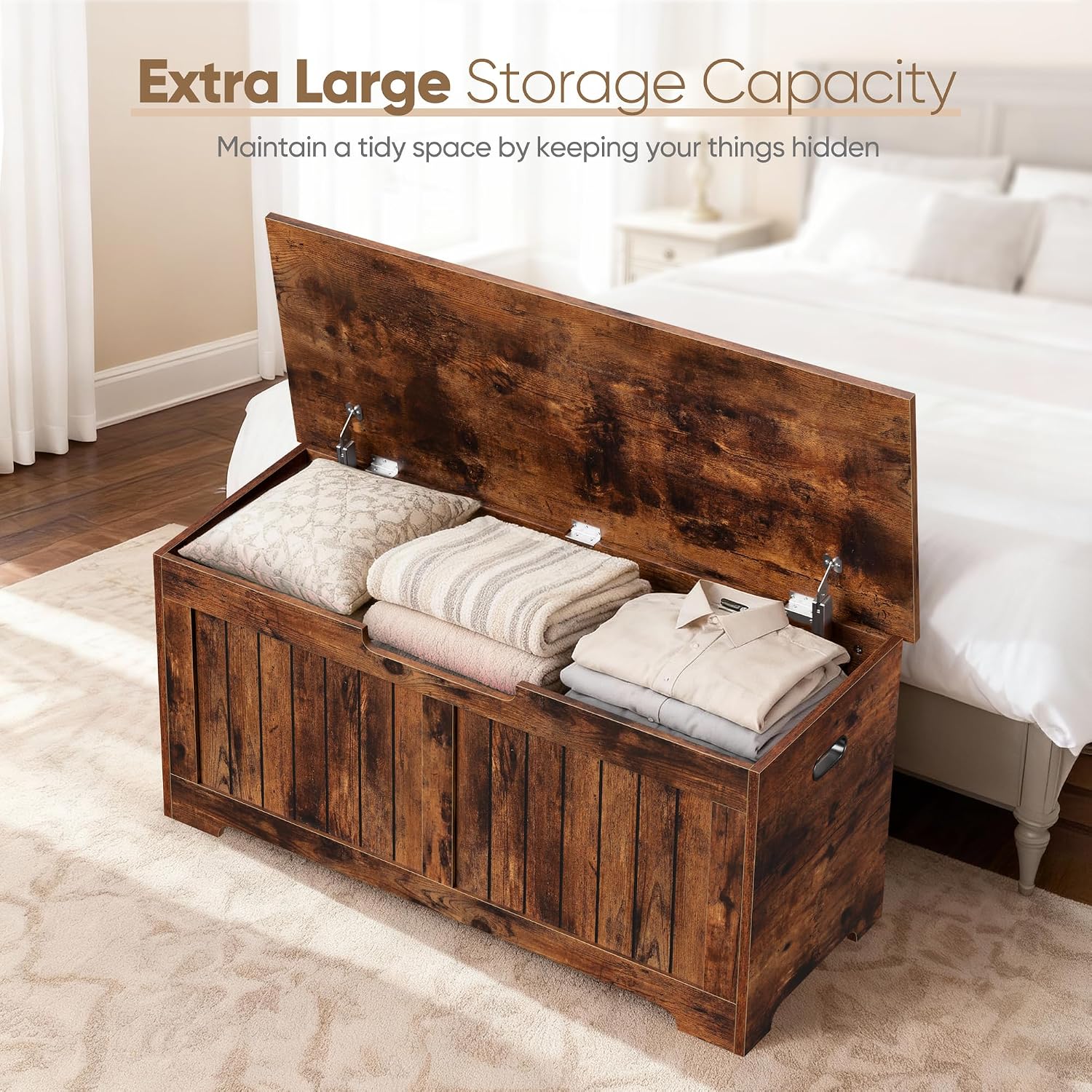 SUPER DEAL Storage Chest, 39 inches Chest Box Organizer with 2 Safety Hinges, Wooden Entryway Shoe Organizer Storage Bench, Rustic Brown