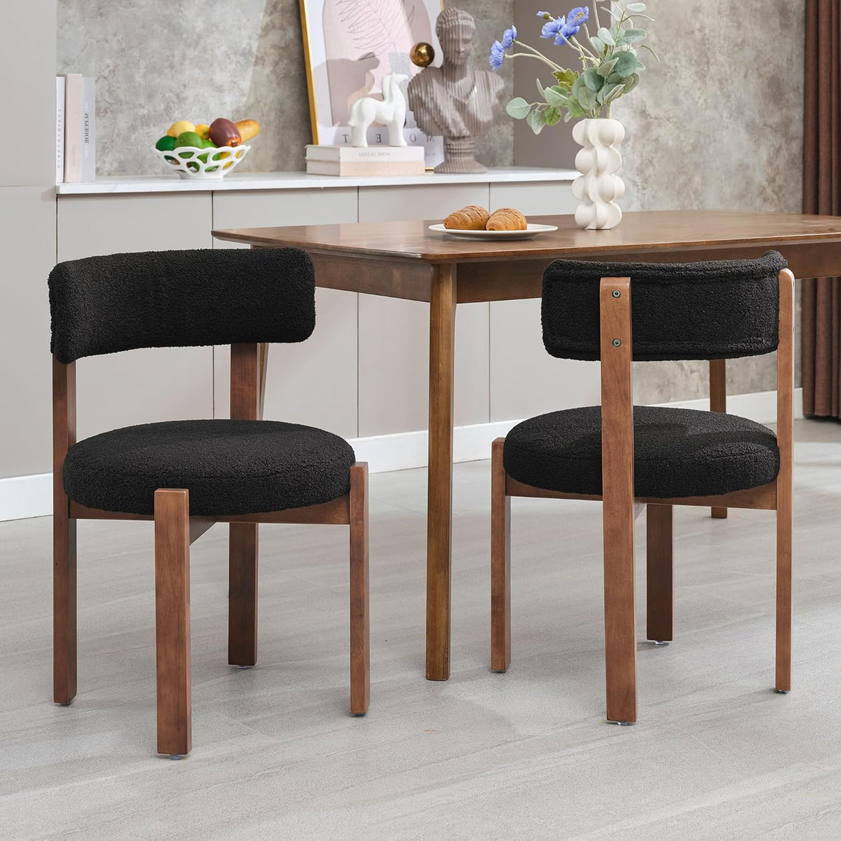 Okeysen Modern Dining Chairs Set of 4, Round Upholstered Armless Kitchen Chairs with Wood Legs Adjustable Foot, Mid Century Boucle Dining Chairs for Dining Room(Black)