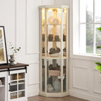 69" H Lighted Curio Cabinet Corner Display Case, Corner Glass Case with Adjustable Shelves and Tempered Glass, Wooden Curio Cabinet w/Mirrored Back Pane for Living Room