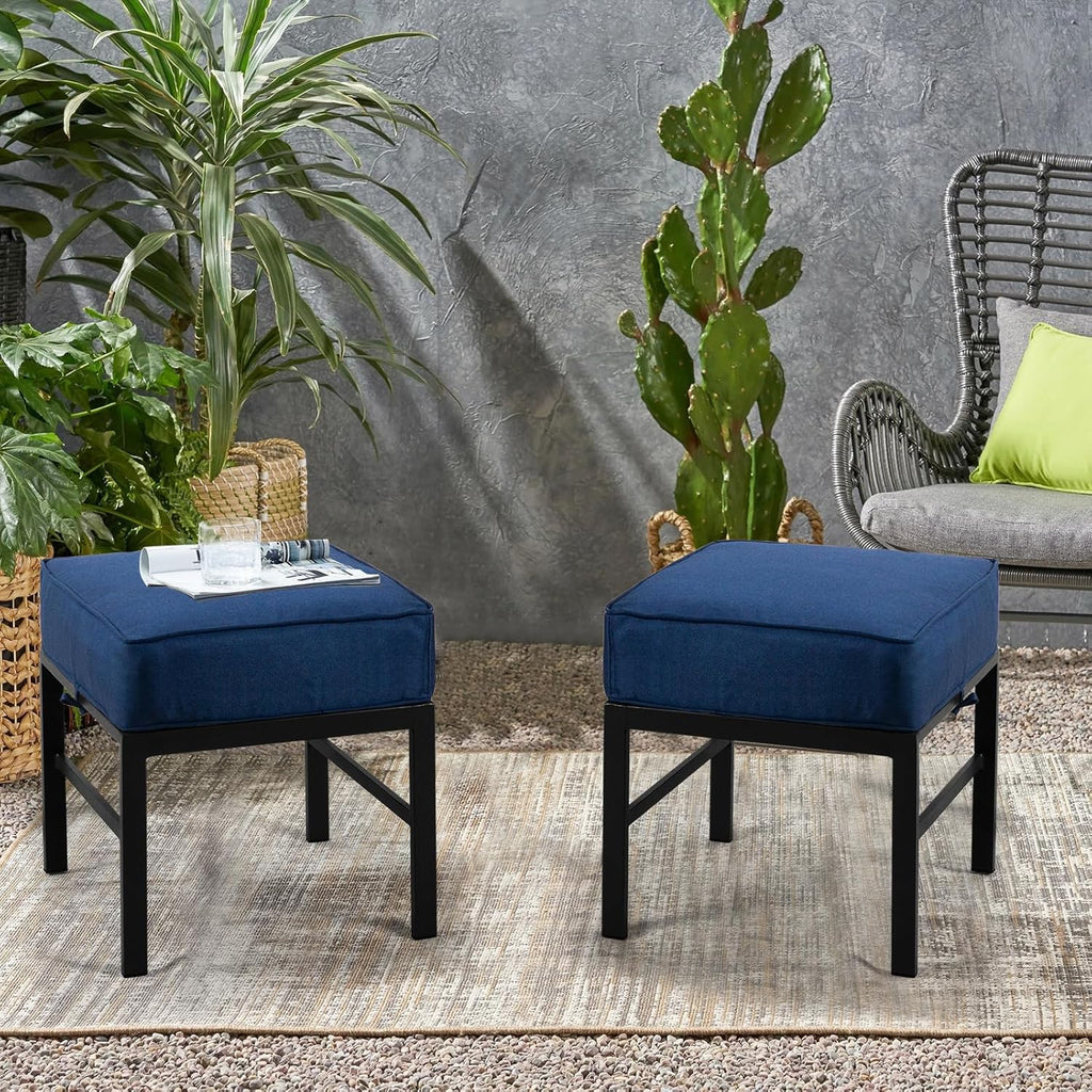 2 Pieces Outdoor Patio Ottomans, Assembled Metal Outdoor Ottoman with Blue Cushions, Metal Small Outdoor Foot Stools for Patio Porch Yard Garden Deck, Black Frame