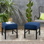 2 Pieces Outdoor Patio Ottomans, Assembled Metal Outdoor Ottoman with Blue Cushions, Metal Small Outdoor Foot Stools for Patio Porch Yard Garden Deck, Black Frame