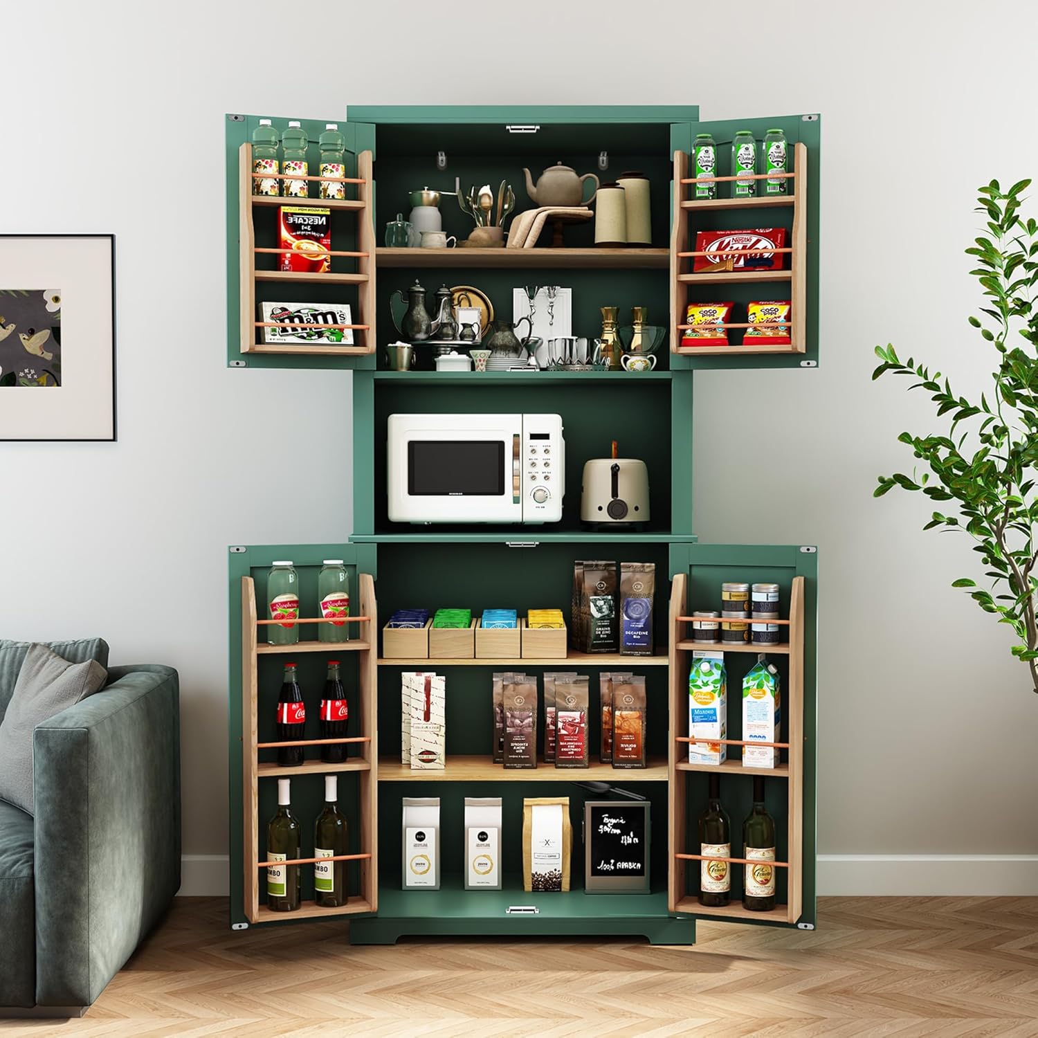 HLR 72" Kitchen Pantry Storage Cabinet with Open Countertop, Freestanding Larder Cupboard with Microwave Stand, Utility Laundry Room Storage Cabinet with Doors and Shelves for Dining Room, Living Room