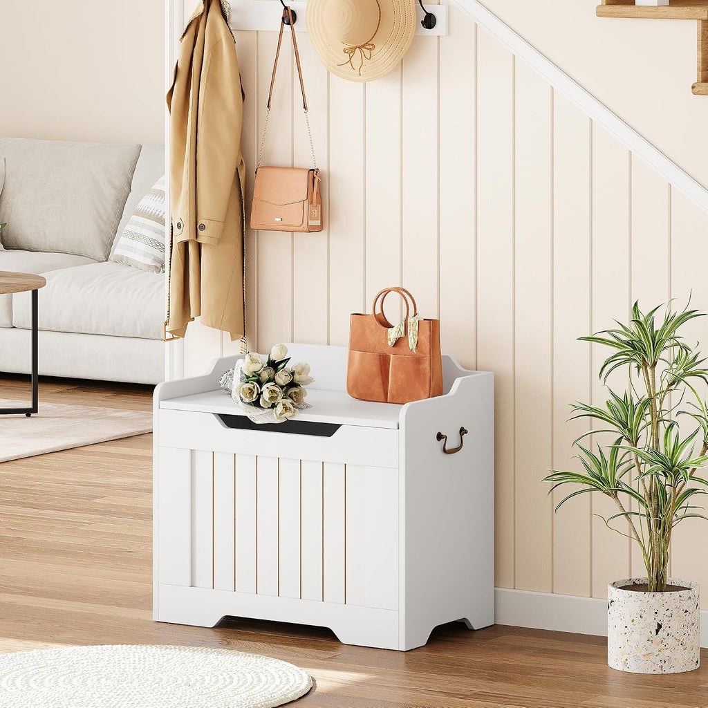 Garvee Storage Chest, 24.8" Wooden Storage Bench with Safety Hinge, Flip Top Blanket Chest Trunks, Supports 350 Lb, for Entryway, Living Room, Bedroom, White