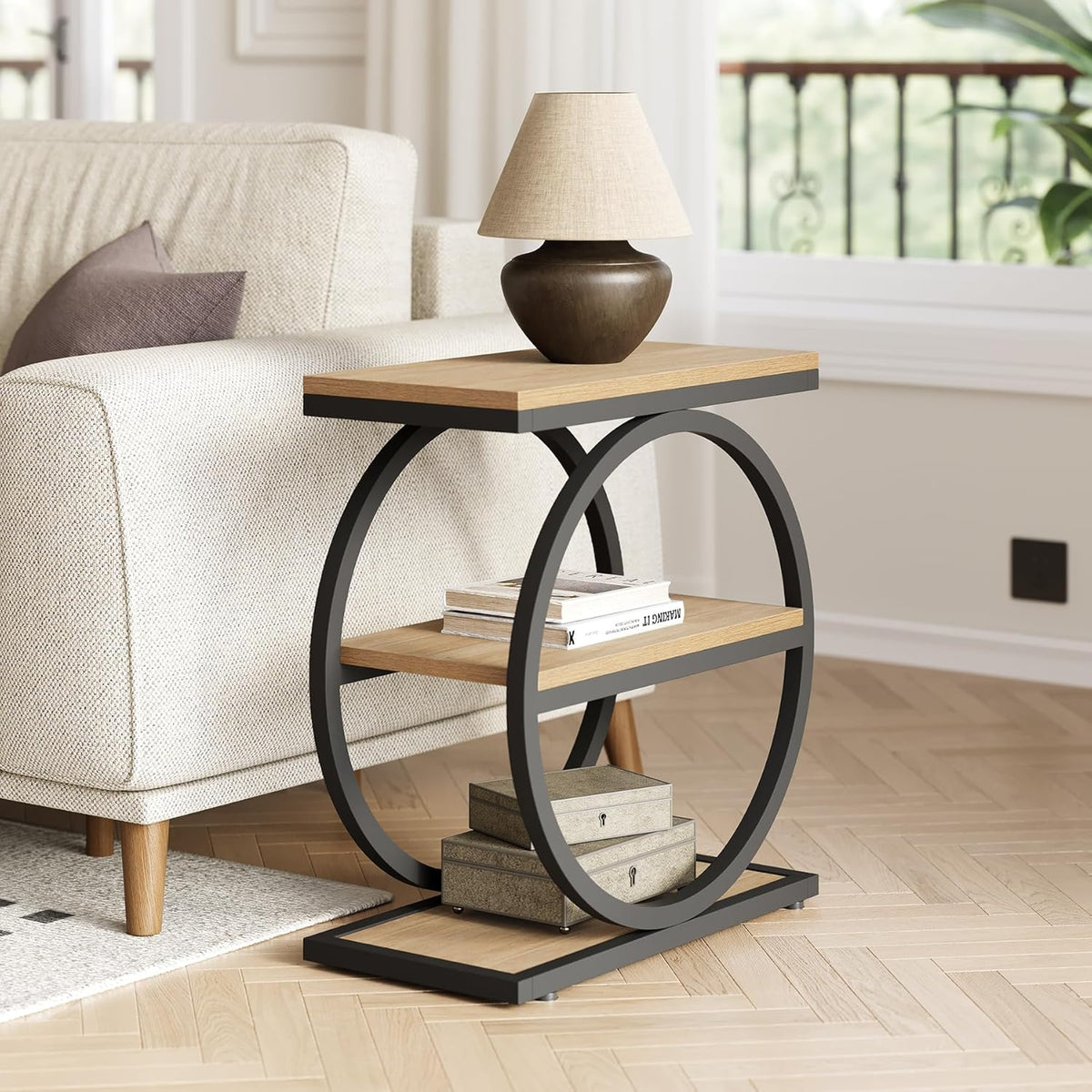 LITTLE TREE 3-Tier End Table, Side Table with Storage Shelves, Small Sofa Side Table for Living Room, Wooden Side End Table with Double Round Metal Legs, Slim Nightstand and Bedside Table, Oak