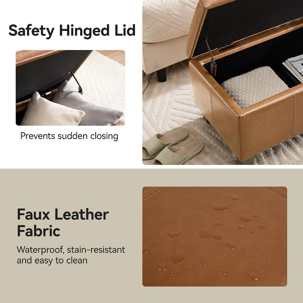 WUTUTUEE 51" Faux Leather Storage Ottoman, Stitch Tufted Rectangle Upholstered End of Bed Storage Bench, Entryway Large Couch Ottoman with Wooden Legs, Light Brown