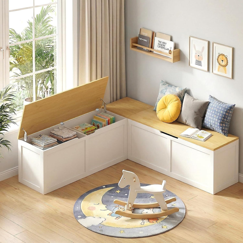 Zevemomo 63" L Shaped Storage Bench, White Breakfast Nook Benches, Corner Storage Bench with Hidden Storage for Dining Room, Kitchen, Entryway