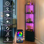 Corner Shelf with Storage, LED Lights 6-Tier Corner Bookshelf, 66'' Organizer Book Shelf Shelves Steel Frame Display Stand with Living Room, Bedroom, Study, Black