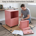 Lavish Home 2-Drawer Wooden File Cabinet with Lock, Pink, 16” x 27” | Rolling Filing Organizer with Deep Drawer Storage for Under the Desk, Home, or Office