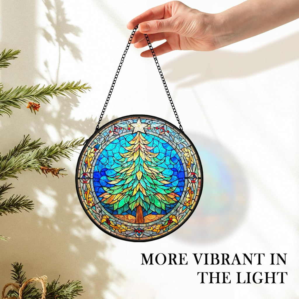 Christmas Tree Suncatcher Stained Glass Window Hanging Decor, Winter Xmas Tree Stained Glass Wall Decor, Christmas Garden Sun Catchers Indoor Window Hanging Wall Art Lawn, 7.9x7.9 Inch