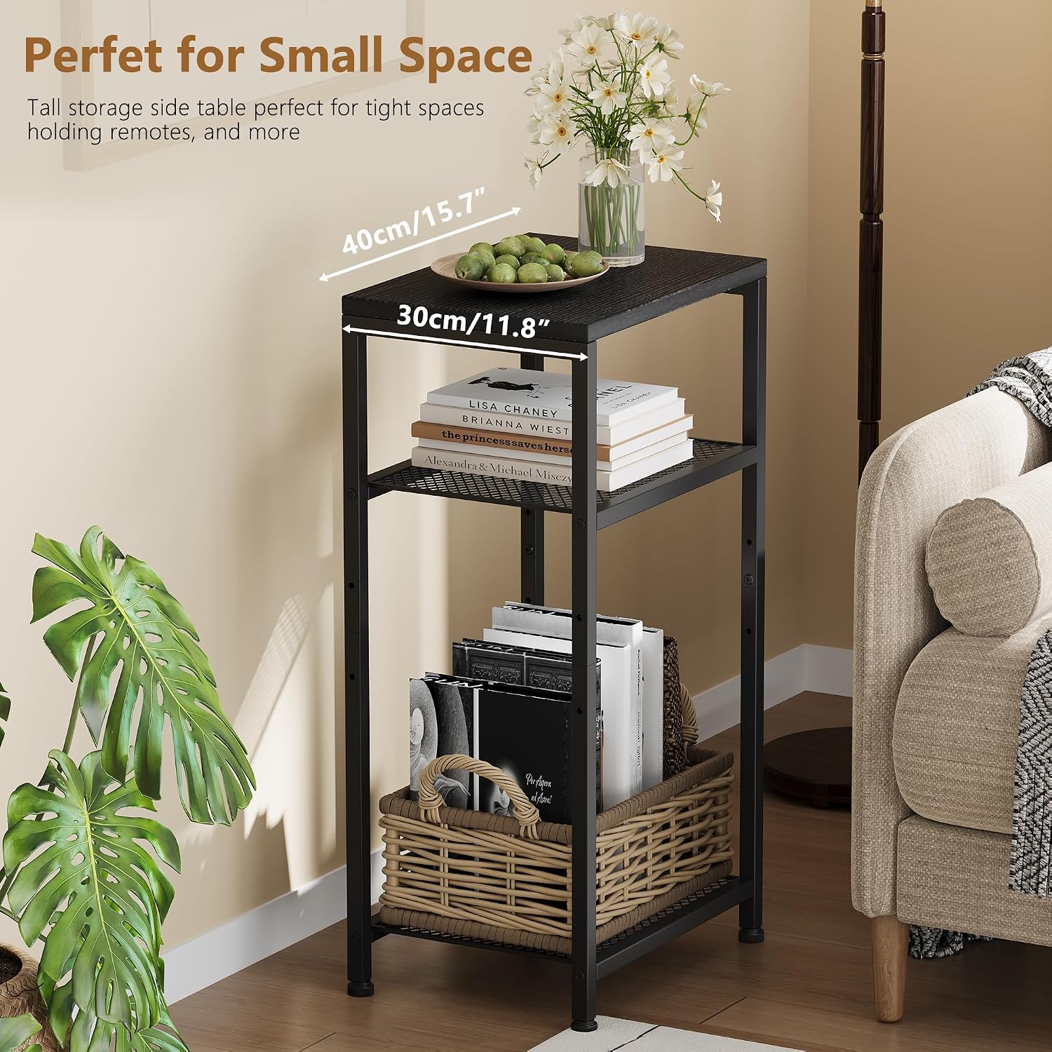 Heybly Small Side Table Set of 2, Tall End Table with Adjustable Shelf, Telephone Table, Nightstand, Accent Table Stand, Small Entryway Table, Bedroom,Living Room, Office,Bathroom, Black, HET003BK2